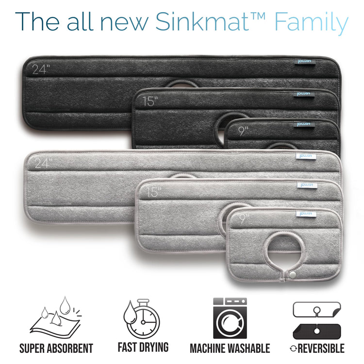 Original SINKMAT 24in XL Faucet Splash Guard Extra Long Microfiber Sink Drip Catcher Mat Non Slip Countertop Protector Drying Pad for Kitchen Bathroom RV Machine Washable Black