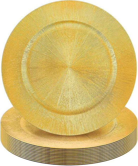 Tanlade 12 Pcs Charger Plates Bulk 13 Inch Plastic Round Wedding Chargers Floral Decorative Plates with Metallic Ruffled Rim for Wedding Party, Holiday Event Supplies(Gold)