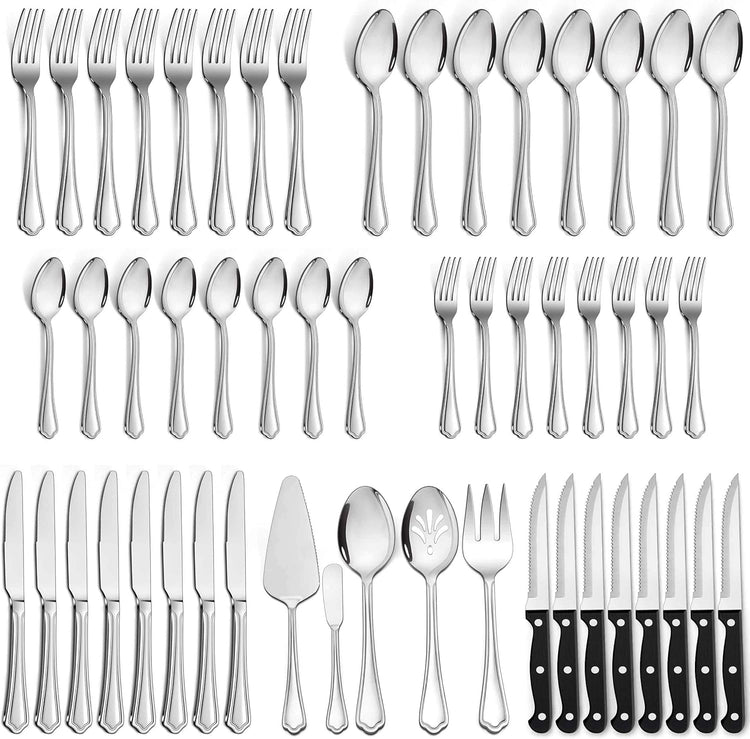 LIANYU 65-Piece Silverware Flatware Set for 10, Plus Steak Knives and Serving Utensils, Stainless Steel Flatware Cutlery Set, Eating Utensils Tableware with Scalloped Edge, Dishwasher Safe