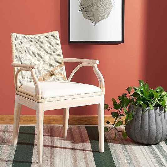 SAFAVIEH Home Collection - Gianni Natural & White Wash Solid Wood Rattan Arm Chair, Tropical Coastal Accent Seating for Living Room or Dining Space (SEA4011B)