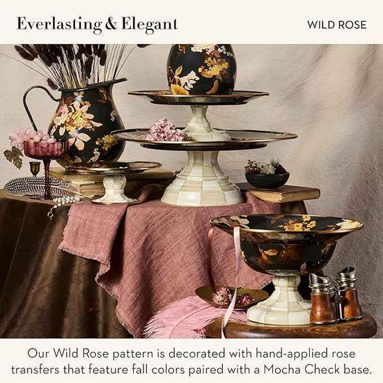 MACKENZIE-CHILDS Enamel Compote, Pedestal Serving Dish or Decorative Bowl, Large, Wild Rose Brown