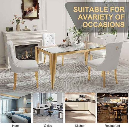 51'' Modern Glass Dining Table for 4 People,Tempered Glass Top Dining Room Table with Stainless Steel Base, Glass and Gold Dining Table for 4, Rectangle Dining Kitchen Table for Dinner