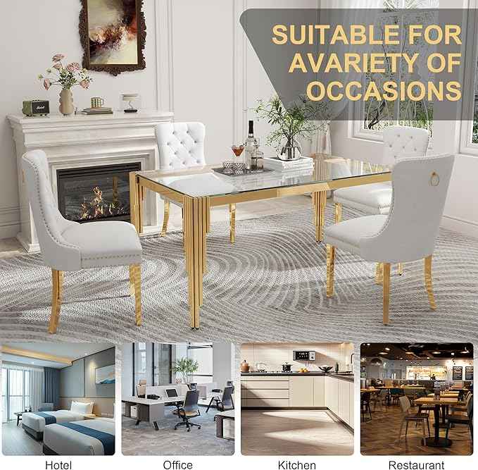 51'' Modern Glass Dining Table for 4 People,Tempered Glass Top Dining Room Table with Stainless Steel Base, Glass and Gold Dining Table for 4, Rectangle Dining Kitchen Table for Dinner