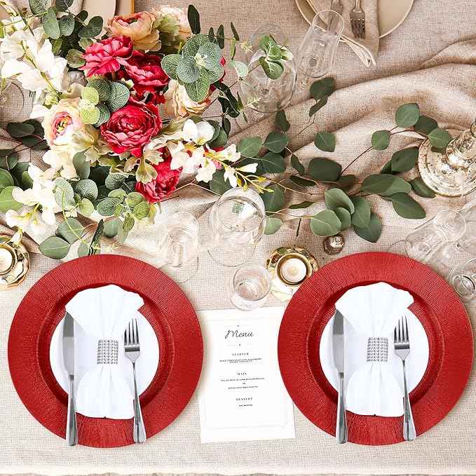 Tanlade 12 Pcs Charger Plates Bulk 13 Inch Plastic Round Wedding Chargers Floral Decorative Plates with Metallic Ruffled Rim for Wedding Party, Holiday Event Supplies(Red)