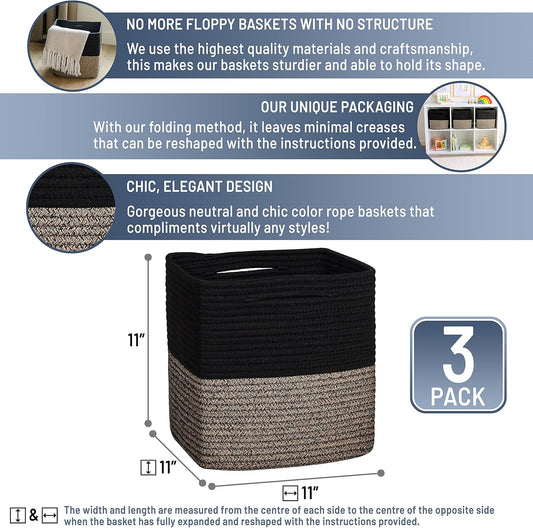 NaturalCozy Storage Cubes 11 Inch Cotton Rope Woven Baskets for Organizing, 3-Pack | Cube Storage Bin | Square Storage Baskets for Shelves Organizer, Classroom, Kids Toy Bins, Closet, Baby Nursery