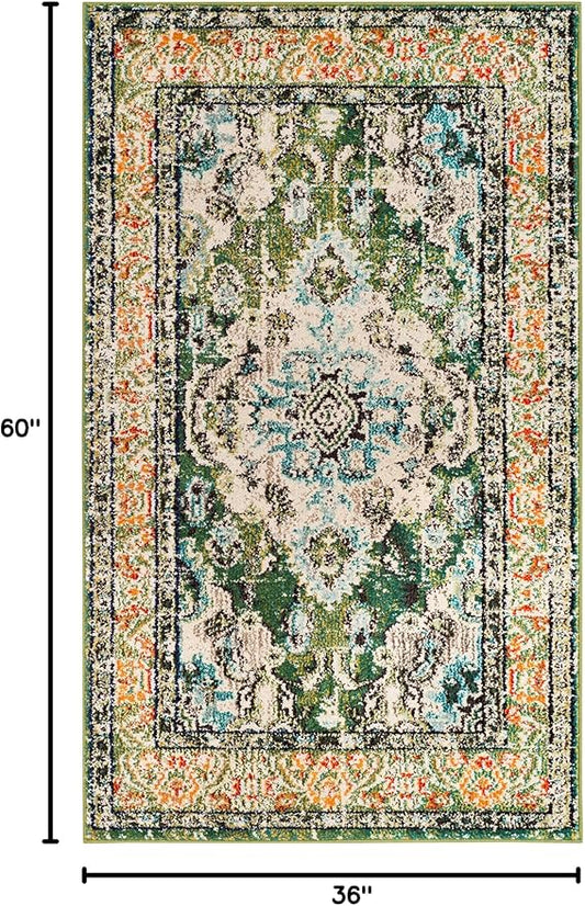 SAFAVIEH Monaco Collection Area Rug - 3' x 5', Forest Green & Light Blue, Non-Shedding & Easy to Clean, Distressed Medallion Design, Ideal for Living Room, Bedroom, Dining Space (MNC243F)