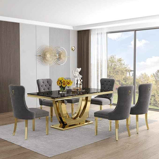 Marble Dining Table Set for 6,70" Black Faux Marble Kitchen Tables and Velvet Chairs for 6,7 Piece Luxury Dining Room Table Set and 6 Upholstered Chairs with Gold Stainless Steel Bases