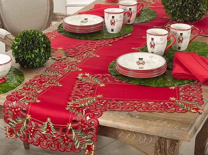Fennco Styles Holiday Embroidered Christmas Tree Cutwork Border Table Linens – Ivory and Red Table Linens for Christmas Dinner, Family Gathering, and Special Events (Red, 16"x108" Table Runner)