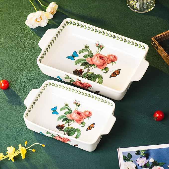 ONCCI In-Glaze Ceramic Baking Dish Set of 2 - Rectangular with Handles,Casserole dishes 10.8 * 7.99in & 8.58 * 6.54inch Sizes - Oven Safe for Cooking, Baking, Casseroles - Dishwasher Safe(Pink Rose)