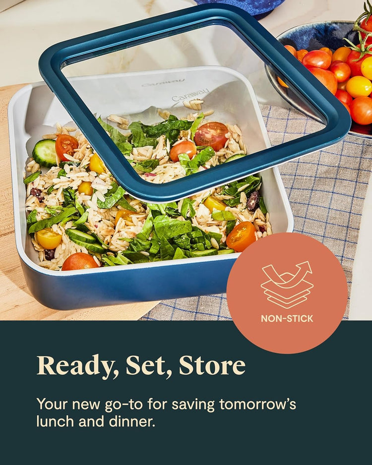 Caraway 6pc Glass Food Storage Set – 10 Cup Food Containers (6) - Ceramic Coated - Non Toxic, Non Stick with Lids - Microwave Safe - Sage