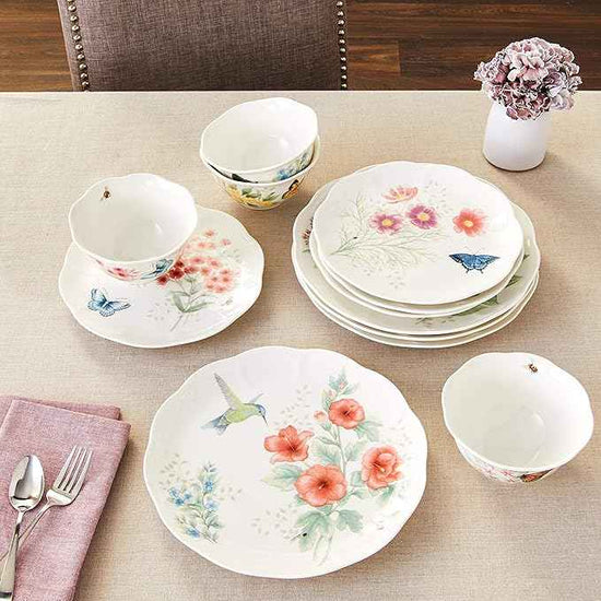 Lenox Dinnerware Set, Butterfly Meadow Flutter 12-Piece Set, Service For 4, Elegant White Porcelain, Dishwasher Safe, Chip Resistant, Plates And Bowls Sets, Home and Kitchen (Assorted, 12 Pieces)