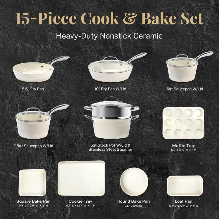 Gotham Steel Hammered 15Pcs Ceramic Cookware Set Nonstick, Induction Pots and Pans Set Non Stick with Bakeware Set & Steamer for Cooking, Non Toxic PFOA PFOS Free, Oven & Dishwasher Safe, Cream White