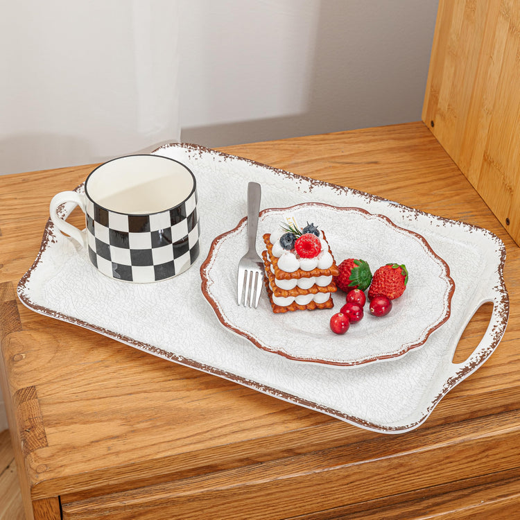 Vintage White Large Serving Tray with Handles (2 Count)