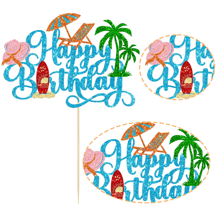 1Pcs Summer Beach Happy Birthday Cake Topper Glitter Ball Tree Umbrella Pool Cake Pick for Hawaiian Holiday Baby Shower Birthday Party Cake Decorations Supplies Blue