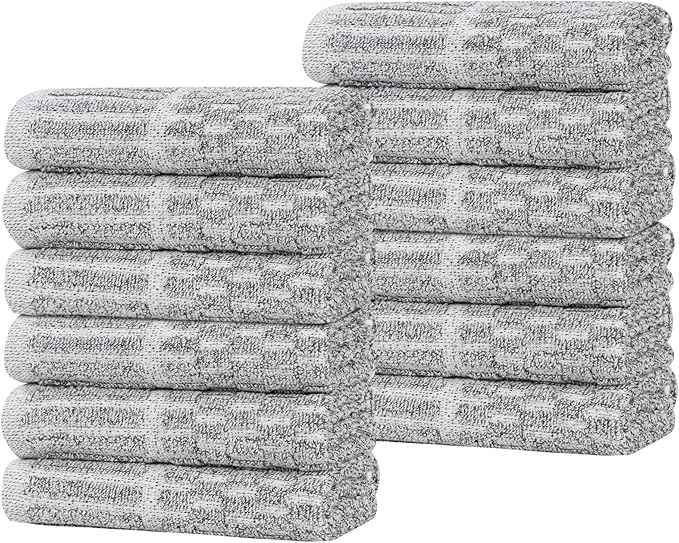 Superior Juno Viscose Cotton Blend Medium Weight Small Towels, for Kitchen, Bathroom, Shower, Spa, Plush, Quick Dry, Ultra-Soft Essentials, Border Detail, Face Towels Washcloths, Set of 12, Charcoal