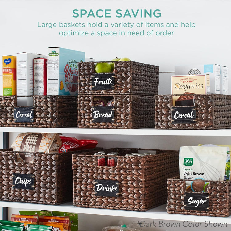 Best Choice Products Set of 4 13x12in Water Hyacinth Pantry Baskets, Woven Organizers w/Chalkboard Label, Chalk Marker - Black
