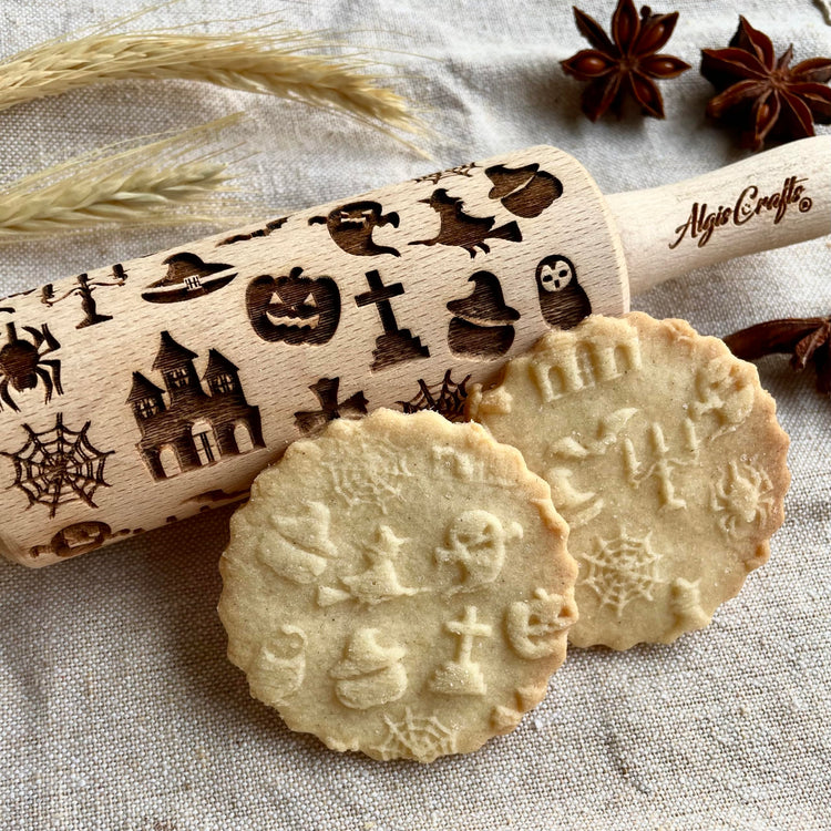 HALLOWEEN 3 Mini Embossed Rolling Pin Set. Wooden Laser Engraved Textured rolling pins for Cookies