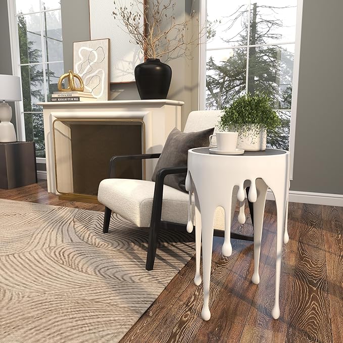 Deco 79 Aluminum Metal Side End Accent Table Drip End Table with Melting Designed Body and Black Shaded Tabletop, Side Table 16" x 16" x 25", White