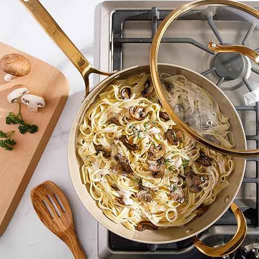 Bloomhouse - Two Time Oprah's Favorite Things Winner - 6 QT Heavy Duty Aluminum Premium PFA Free Ceramic Nonstick Saute/Deep Frying Pan Skillet with Lid - Almond Cream w/Gold Handle