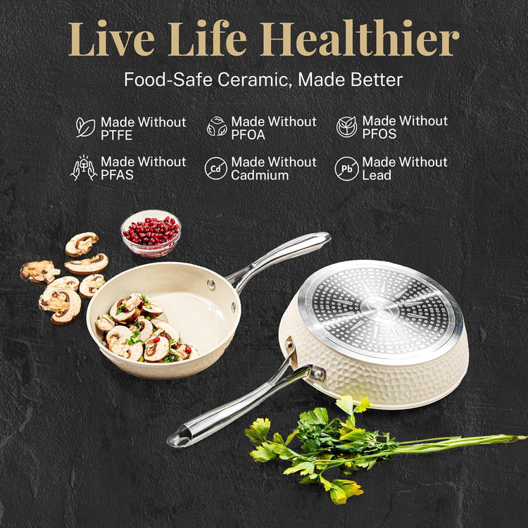 Gotham Steel Hammered 15Pcs Ceramic Cookware Set Nonstick, Induction Pots and Pans Set Non Stick with Bakeware Set & Steamer for Cooking, Non Toxic PFOA PFOS Free, Oven & Dishwasher Safe, Cream White