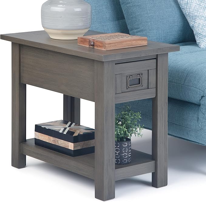 SIMPLIHOME Monroe Narrow Side Table – 14 inch Wide Solid Acacia Wood Narrow End Table in Farmhouse Grey, Rustic Contemporary Accent Table for Living Room with Drawer and Shelf