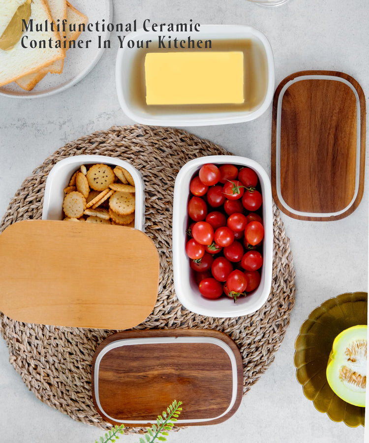 Ceramic Butter Dish Embossed Butter Keeper with Wood Lid for Countertop