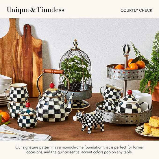 MACKENZIE-CHILDS Enamel Creamer and Sugar-Bowl Set, Cream Dispenser and Sugar Holder, Unique Kitchen Decor, Black-and-White Courtly Check