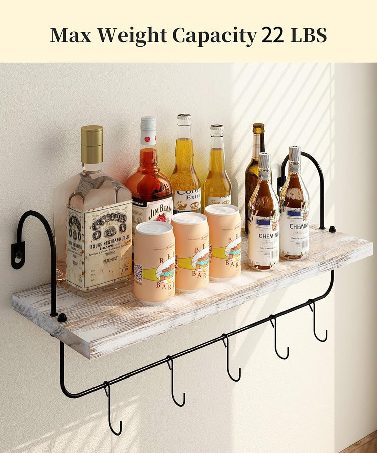 Coffee Mug Holder, Coffee Bar Shelf with Hooks Wall Mount Cup Organizer Mug Racks Pods Storage Hanger Farmhouse Kitchen Decor, White