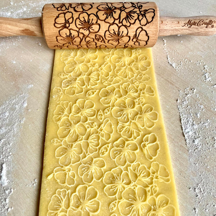 GARDEN BLOSSOMS 3 Small Size Embossed Rolling Pin Set. Wooden Laser Engraved Embossing Dough Roller for Embossed Cookies Gift for Birthday