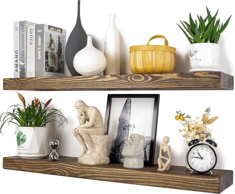 Distressed Floating Shelves 36 inch Long Set of 2,8 inch deep Solid Wood Wall Mounted Shelves for Living Room Kitchen,Book Shelf for Wall with Hidden Bracket- Distressed Black Walnut