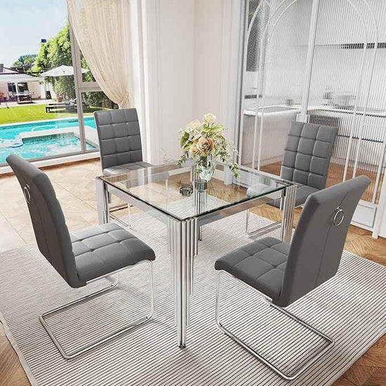 AF ARTISAN FURNITURE 37'' Square Glass Dining Table Set for 4, Kitchen Table Chairs Set of 4, Clear Silver Glass Dining Tables with Stainless Steel Legs, 4 Grey PU Dining Chairs, Living Room, Kitchen