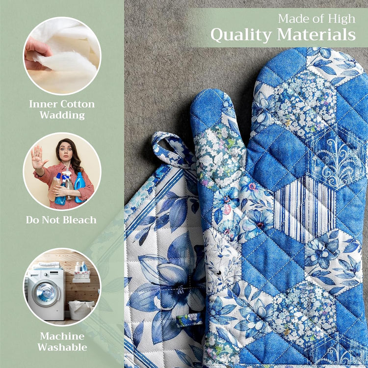 Maison d' Hermine 100% Cotton Oven Mitt & Pot Holder Set (7.5"x13" & 8"x8") Heat Resistant BBQ Cooking Gloves with Loop, Baking, Grilling, Kitchen, Handling Hot Pans Spring/Summer (Summer Blues)