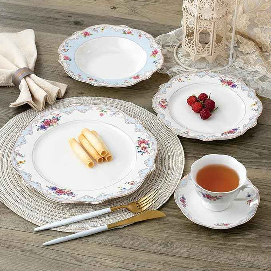 Joseph Sedgh Collection "Romantic Bloom" 20-Piece Bone China Dinnerware Set, Service for 4, Floral with Blue and Gold Trim