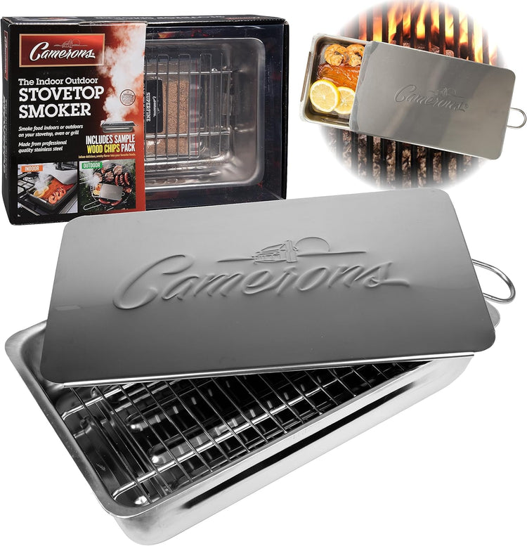 Camerons Indoor Outdoor Stovetop Smoker - Stainless Steel Barbecue Smoker Box w/Oak Wood Chips & Recipes - Works On Any Heat Source, Stovetop or BBQ Grill for Smoking Meats - Grilling Gift for Men