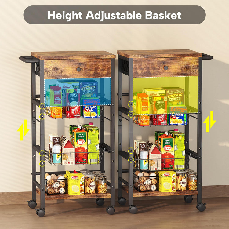 Kitchen Organizer and Storage Cart with Fabric Drawer and Convenient Handle