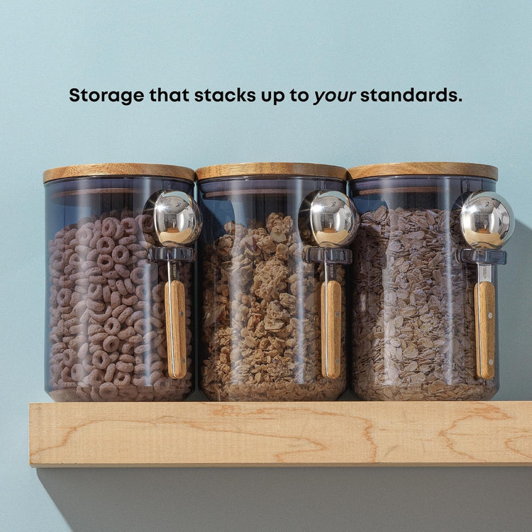 JoyJolt Holden 32oz Stackable Glass Storage Containers with Lids and Scoops, Airtight Food Canister Set of 3 w/Acacia Wood Lids, Round Stacking Pantry and Kitchen Containers w/Scoop | Smoke Blue