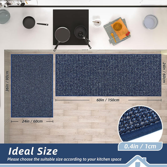 BEQHAUSE Kitchen Rugs and Mats 2PCS, Non-Slip Kitchen Mats for Floor, Absorbent and Stain Resistant Kitchen Runner, Machine Washable Rugs for Kitchen, Laundry & Sink, 24"x36"+24"x60", Blue