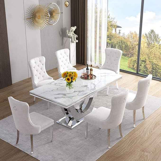 AF ARTISAN FURNITURE Marble Dining Table for 4-8,White Faux Marble Dining Tables with Silver U-Shaped Mirrored Finish Stainless Steel Base, Marble Kitchen Table for Living Room Home Office