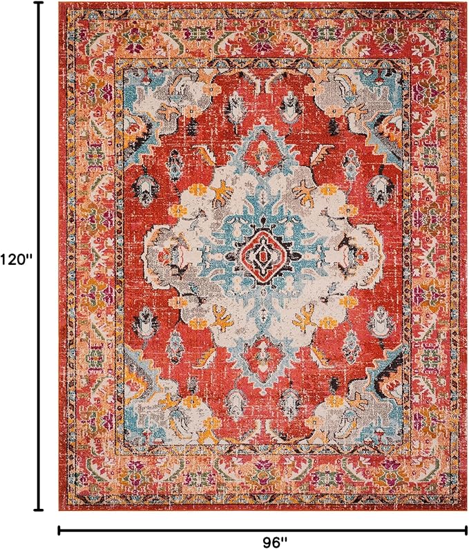 SAFAVIEH Monaco Collection Area Rug - 8' x 10', Orange & Light Blue, Non-Shedding & Easy to Clean, Distressed Medallion Design, Ideal for Living Room, Bedroom, Dining Space (MNC243H)