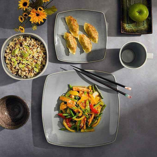 Gibson Elite Soho Lounge Square Reactive Glaze Stoneware Dinnerware Set, Service for 4 (16pc), Light Gray
