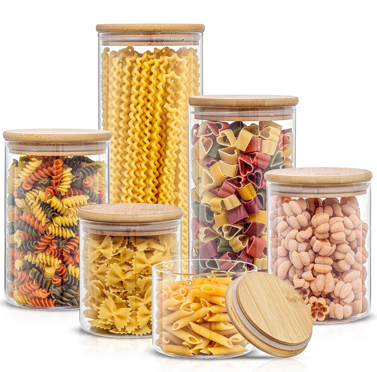 Borosilicate Glass Jars With Bamboo Lids. 6 Pc Set of Air Tight Sealable Containers. Food Jar Canisters with Airtight Lid for Pantry Storage and Kitchen Organization. (6 Count)