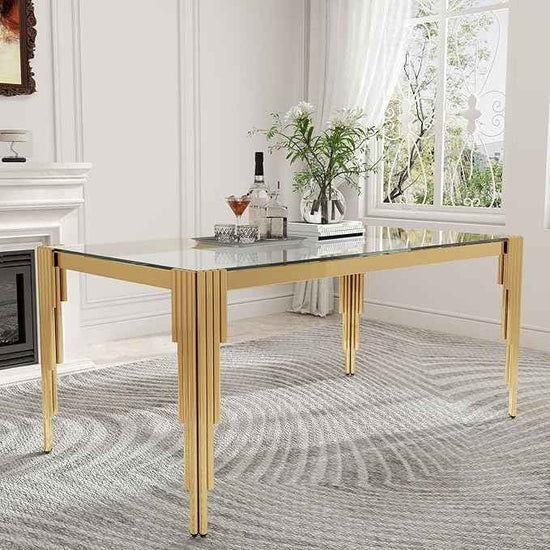 63'' Modern Glass Dining Table for 4-6 People,Tempered Glass Top Dining Room Table with Stainless Steel Base, Glass and Gold Dining Table for 6, Rectangle Dining Kitchen Table for Dinner