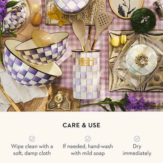 MACKENZIE-CHILDS Enamel Utensil Holder, Stylish Kitchen Countertop Organizer, Purple-and-White Violet Check