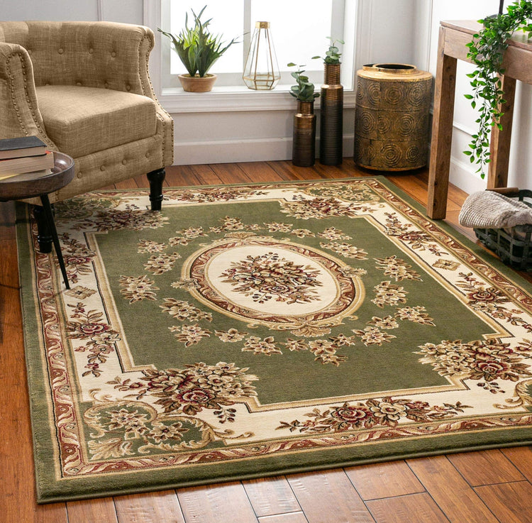 Timeless Collection Le Petit Palais Green 9x13 Luxurious Traditional French Aubusson Medallion Oriental Area Rug Perfect for Living Room Bedroom or Dining Room Easy (114.5 Sq Ft)