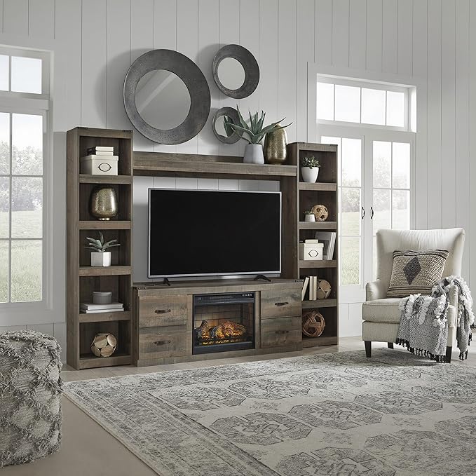 Signature Design by Ashley Trinell Rustic Entertainment Center Pier Bookcase with 3 Adjustable Shelves, Natural Brown
