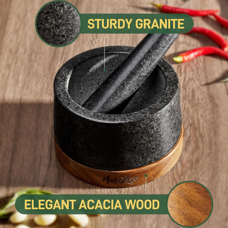 MarcZero 6inch Large Mortar and Pestle Set with Anti-Scratch Wooden Base,Heavy Duty Mortar and Pestle Made of Natural Granite(Black)