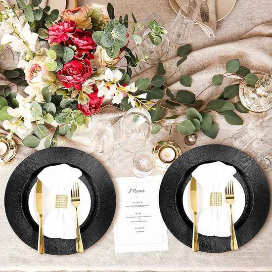 Tanlade 100 Pcs Charger Plates Bulk, 13 Inch Plastic Round Charger Dinner Plates Elegant Wedding Serving Plate for Event Tabletop Wedding Party Bridal Baby Shower Decor (Black)