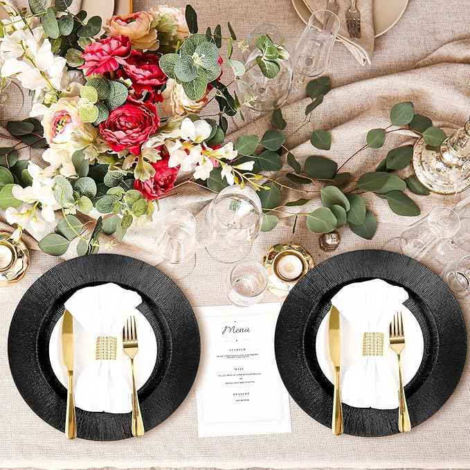 Tanlade 100 Pcs Charger Plates Bulk, 13 Inch Plastic Round Charger Dinner Plates Elegant Wedding Serving Plate for Event Tabletop Wedding Party Bridal Baby Shower Decor (Black)