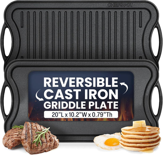 Griddle Pan for Stove Top – 20" Reversible Cast Iron Double Burner Griddle Plate, Multi-Use Preseasoned Pancake Pan with Handles - Works on most Stovetops, Grills, and Fire - Nestoria