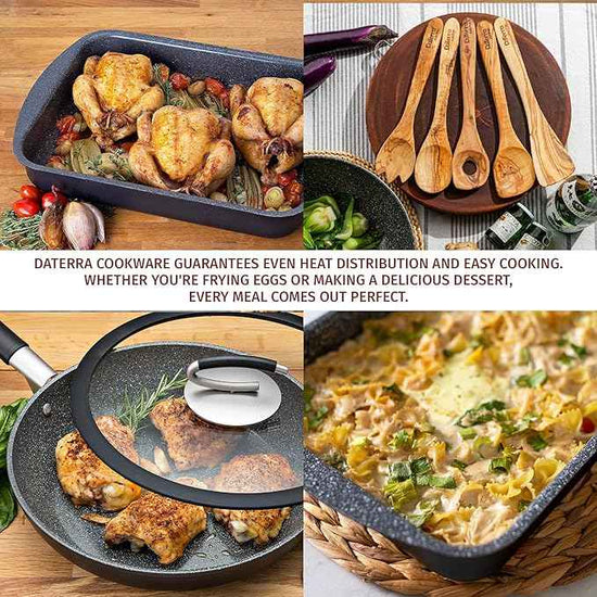 DaTerra Cucina Nonstick Italian Bundle – Roasting & Lasagna Pan, 11" Frying Pan with Lid, 5-Piece Olive Wood Cooking Utensils Set – Oven Safe, PTFE & PFOA Free - Made in Italy, Ceramic